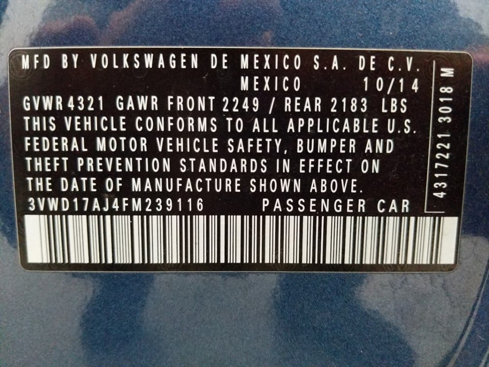 2015 Volkswagen Jetta - VIN Plate