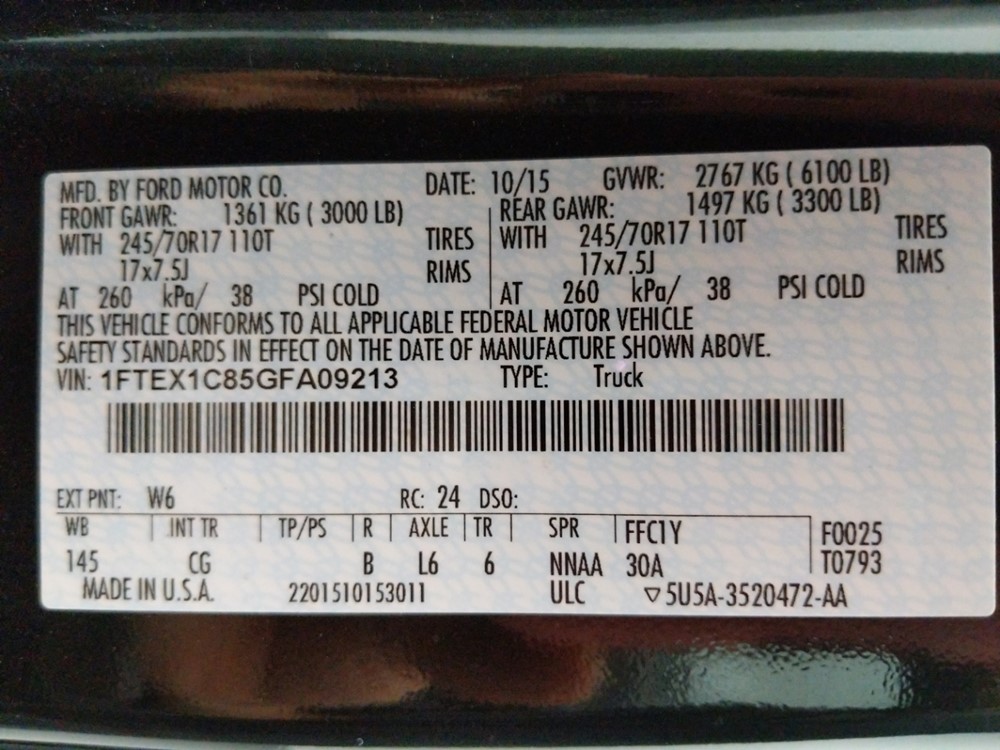 2016 Ford F-150 - VIN Plate
