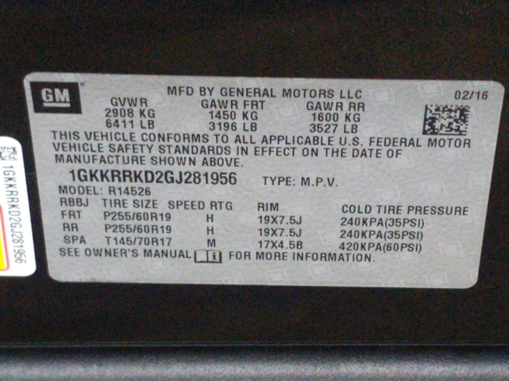 2016 GMC Acadia - VIN Plate
