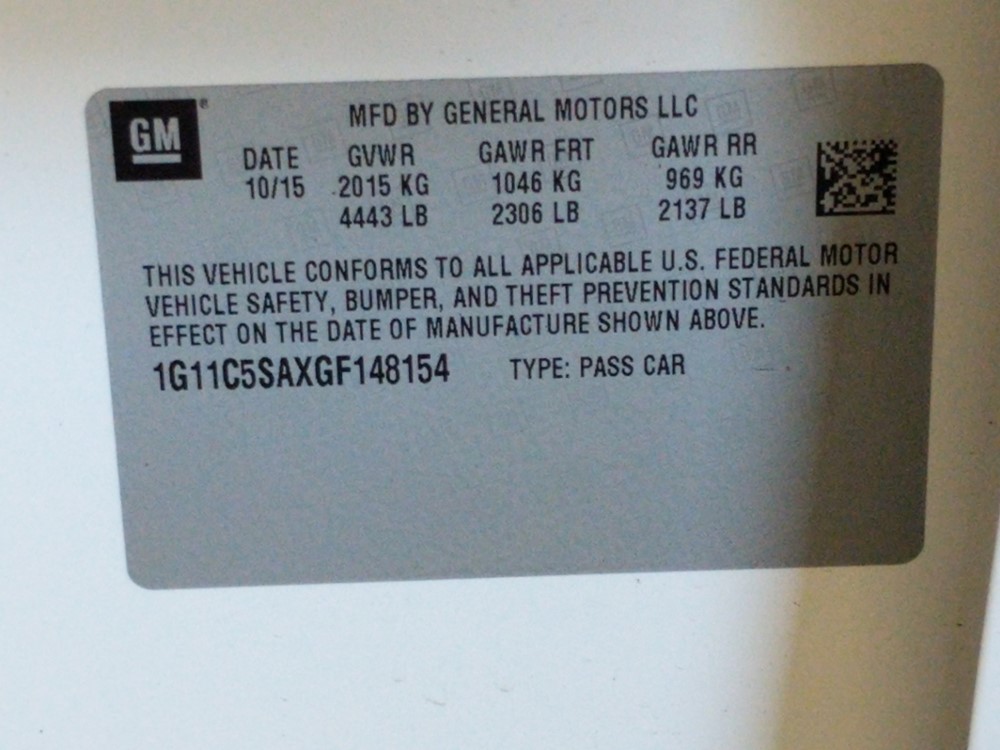 2016 Chevrolet Malibu - VIN Plate