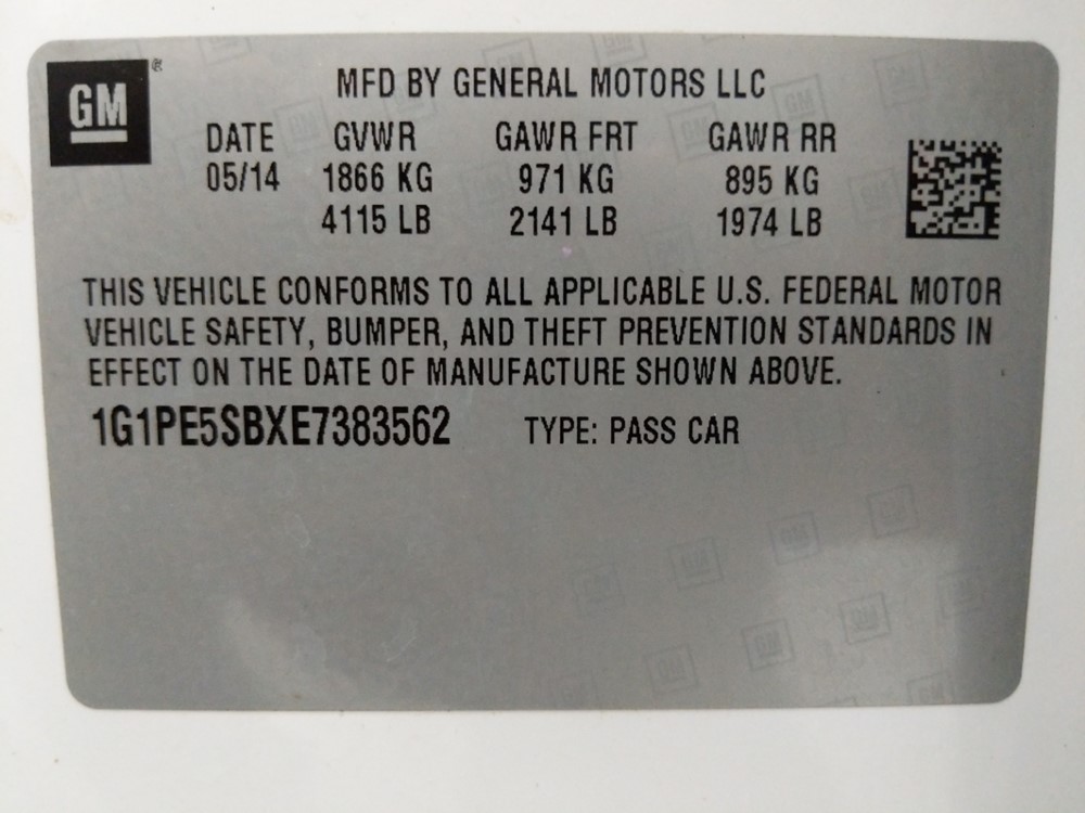 2014 Chevrolet Cruze - VIN Plate