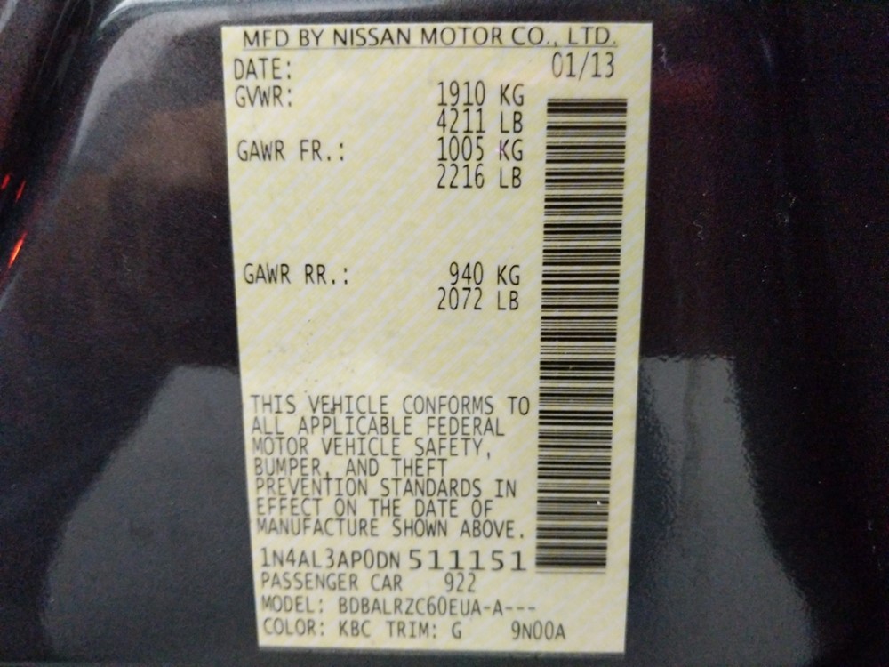 2013 Nissan Altima - VIN Plate
