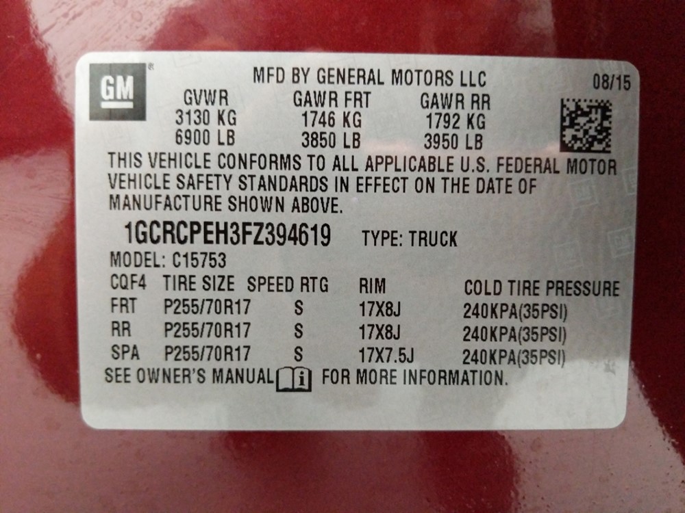 2015 Chevrolet Silverado 1500 - VIN Plate