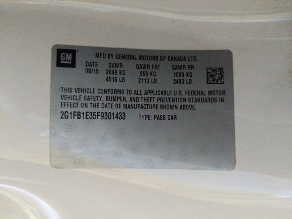 2015 Chevrolet Camaro - VIN Plate
