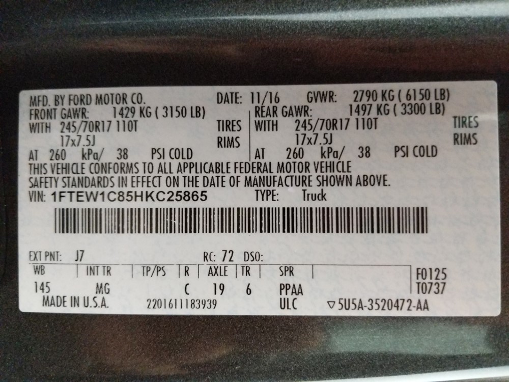2017 Ford F-150 - VIN Plate
