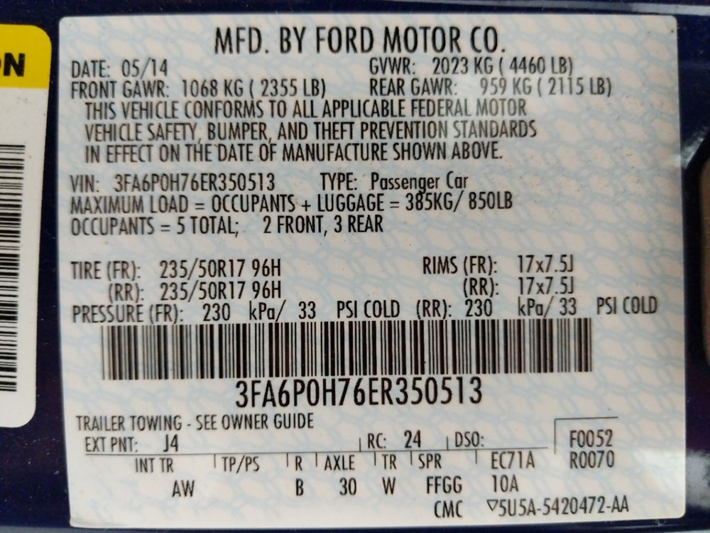 2014 Ford Fusion - VIN Plate