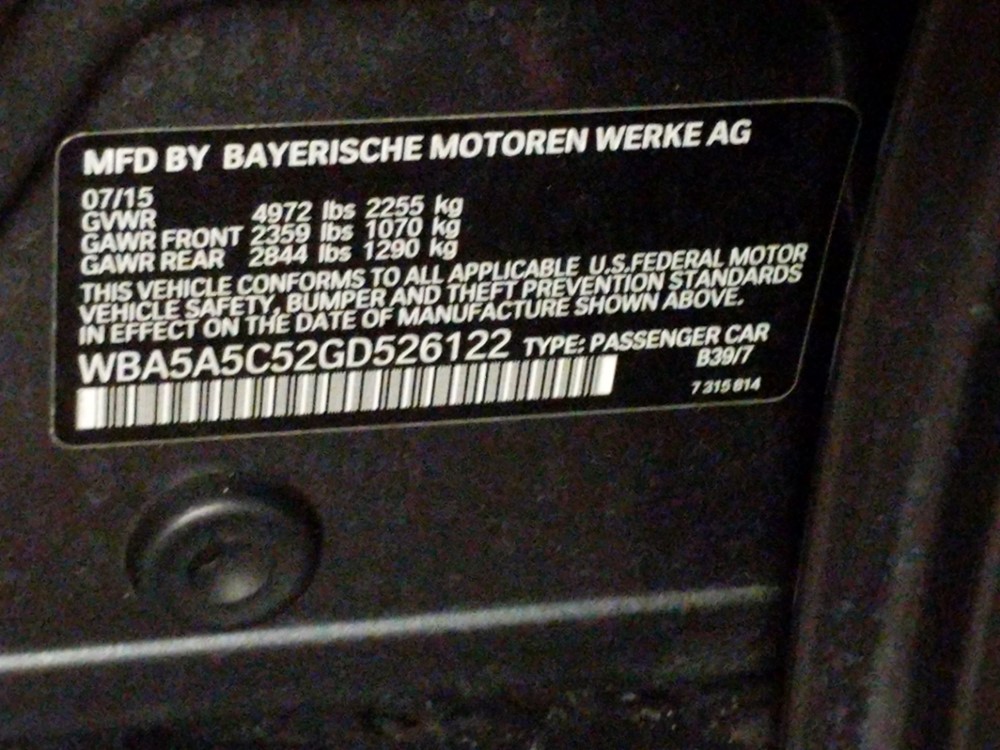 2016 BMW 528i - VIN Plate