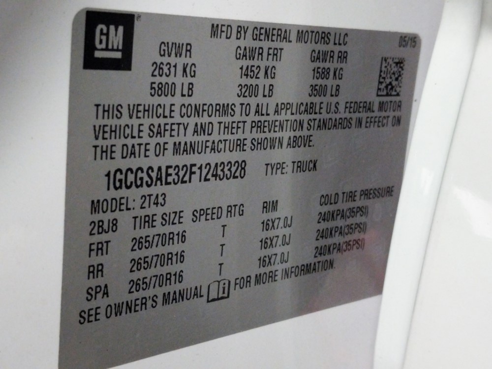 2015 Chevrolet Colorado - VIN Plate