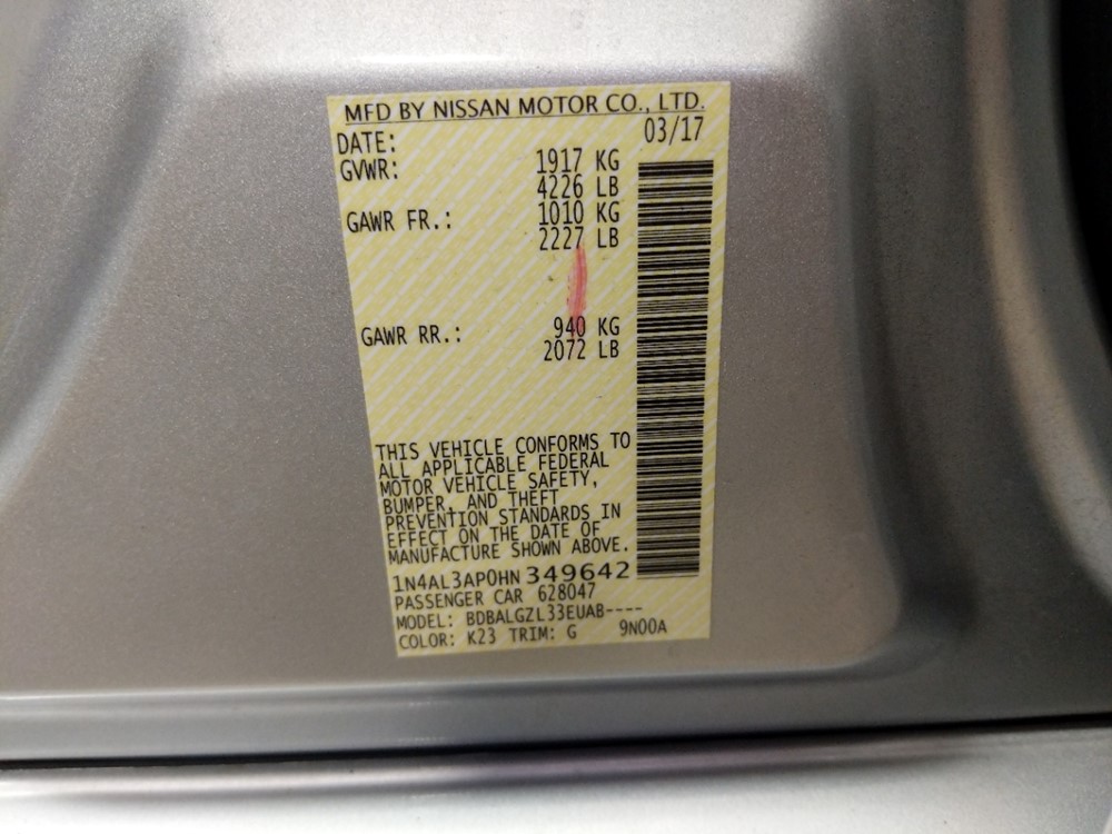 2017 Nissan Altima - VIN Plate