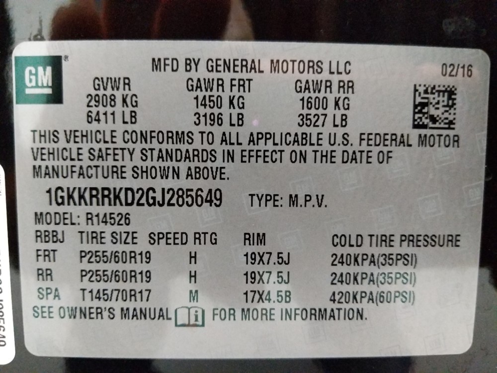 2016 GMC Acadia - VIN Plate