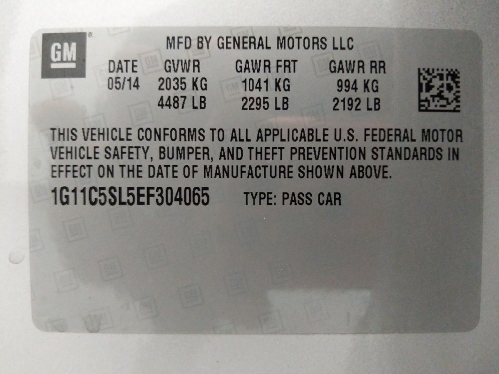 2014 Chevrolet Malibu - VIN Plate