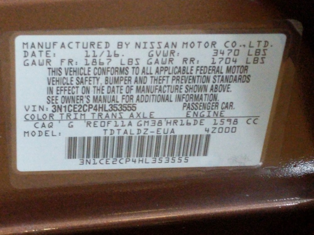 2017 Nissan Versa - VIN Plate