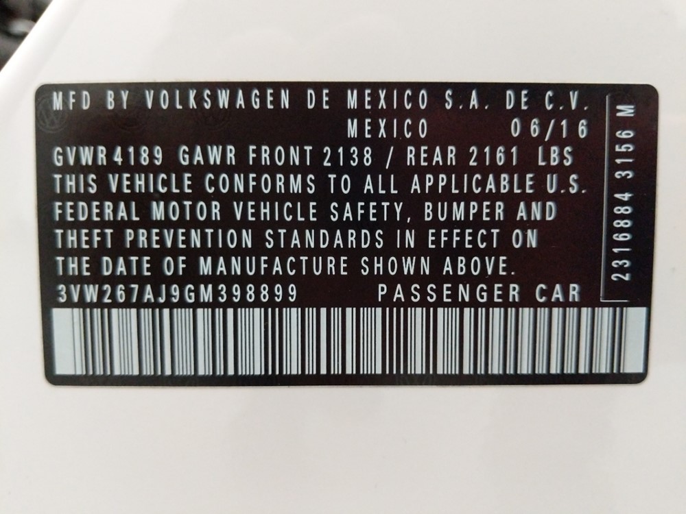 2016 Volkswagen Jetta - VIN Plate