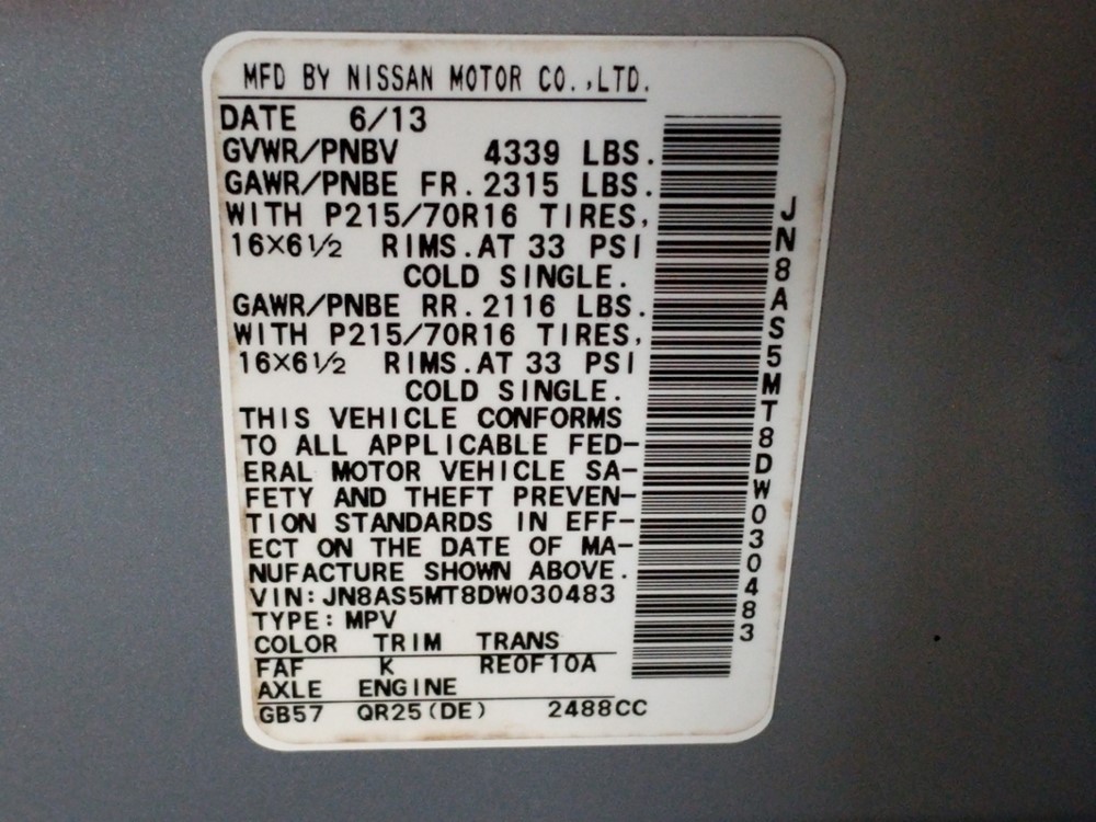 2013 Nissan Rogue - VIN Plate