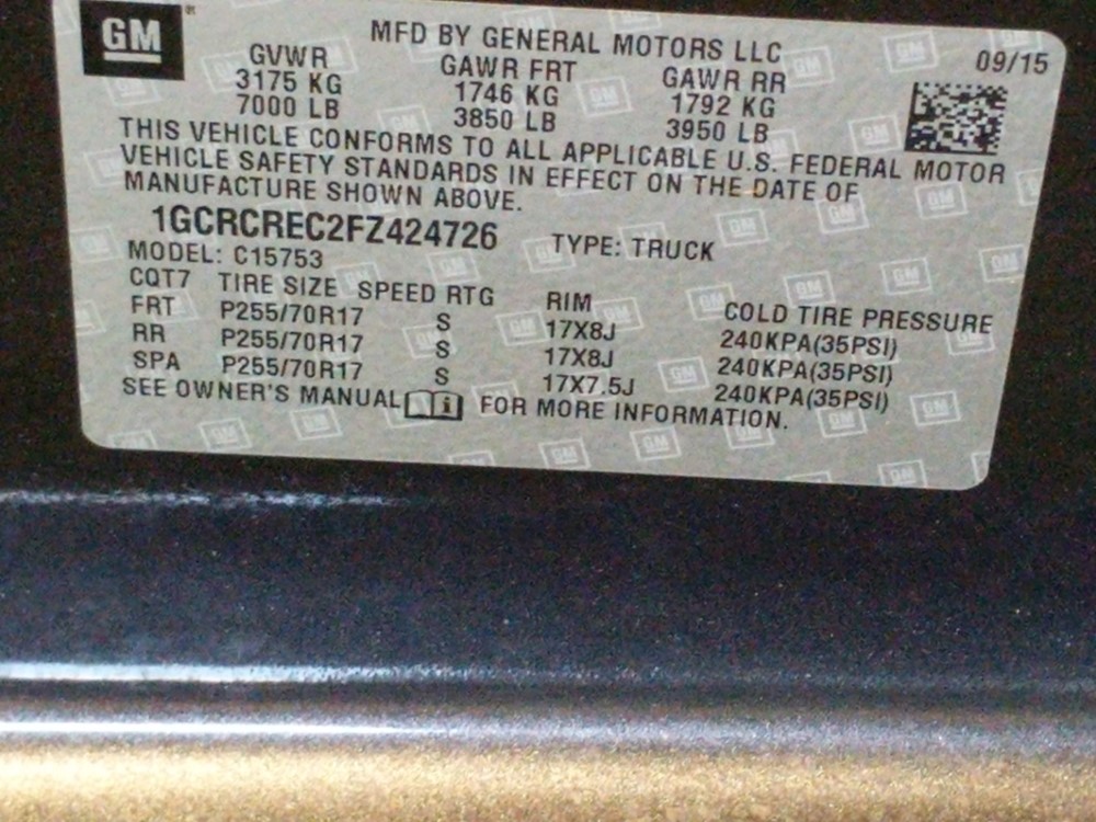 2015 Chevrolet Silverado 1500 - VIN Plate