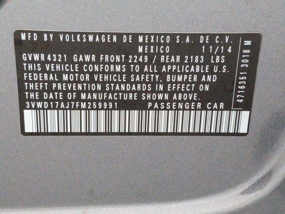 2015 Volkswagen Jetta - VIN Plate