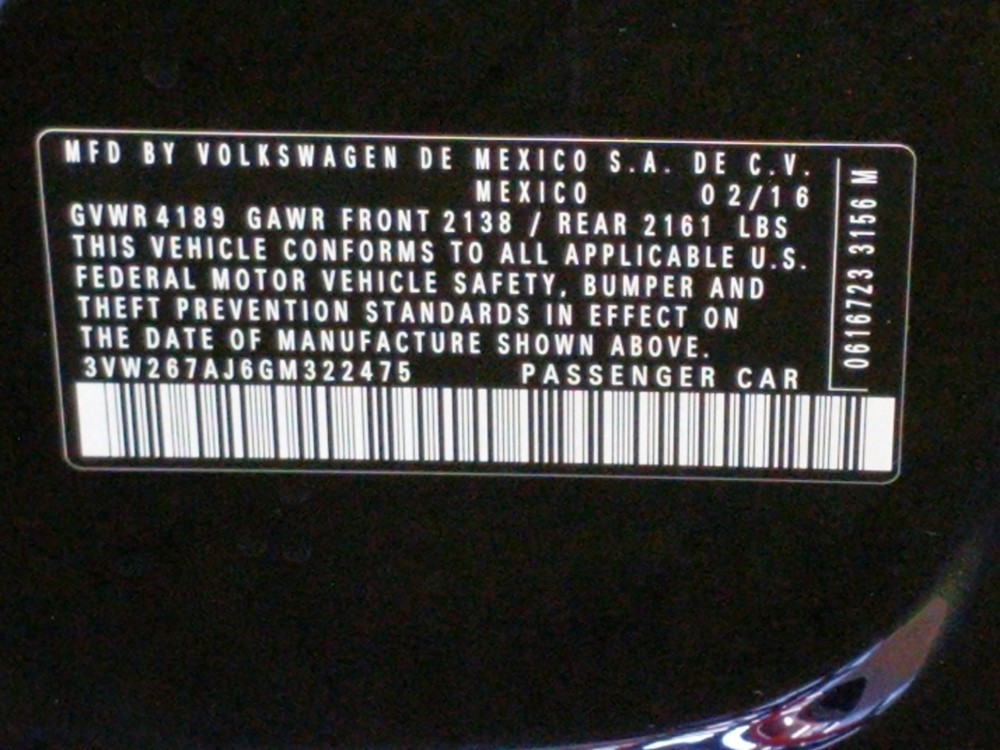 2016 Volkswagen Jetta - VIN Plate