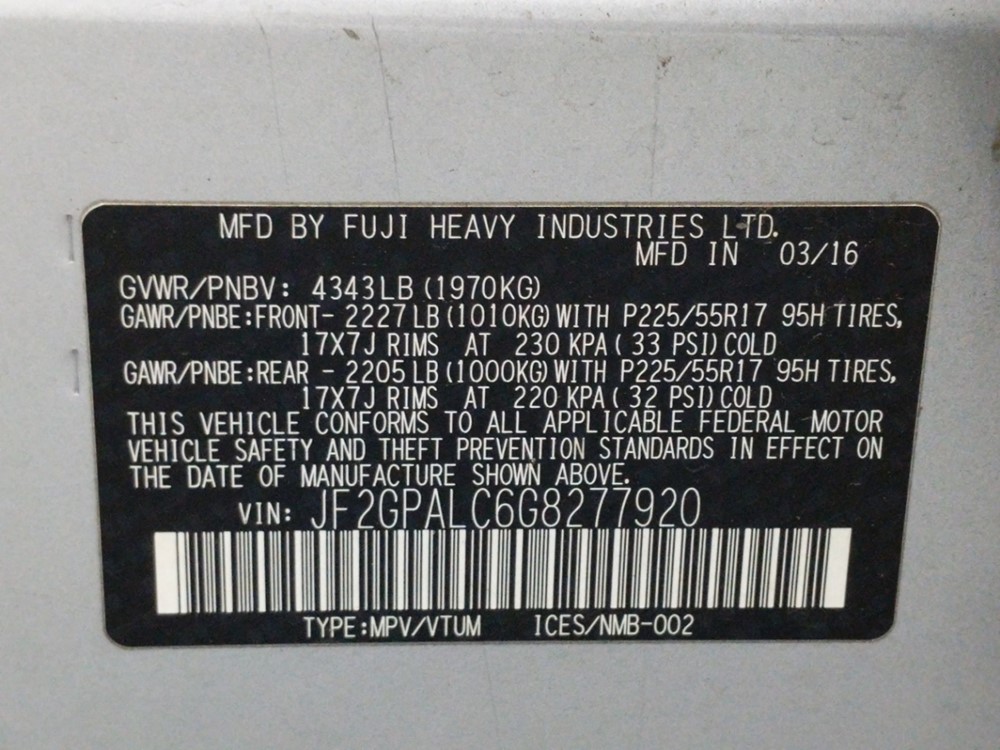 2016 Subaru Crosstrek - VIN Plate
