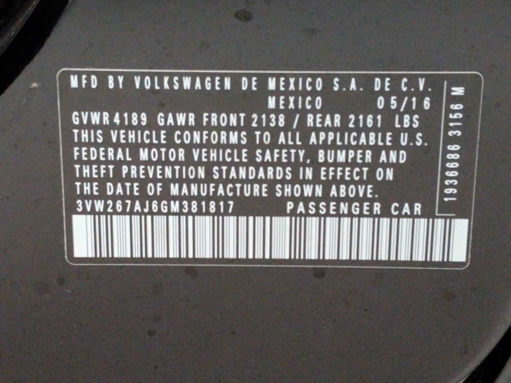 2016 Volkswagen Jetta - VIN Plate