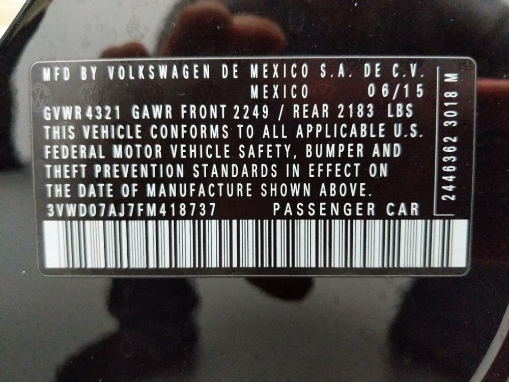 2015 Volkswagen Jetta - VIN Plate