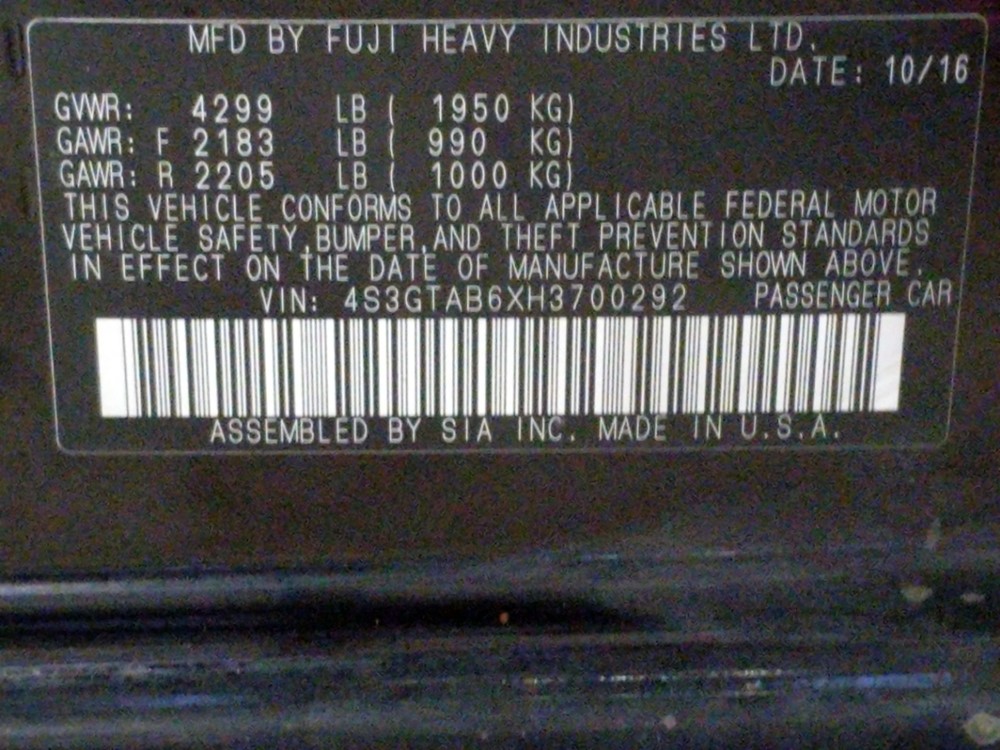 2017 Subaru Impreza - VIN Plate