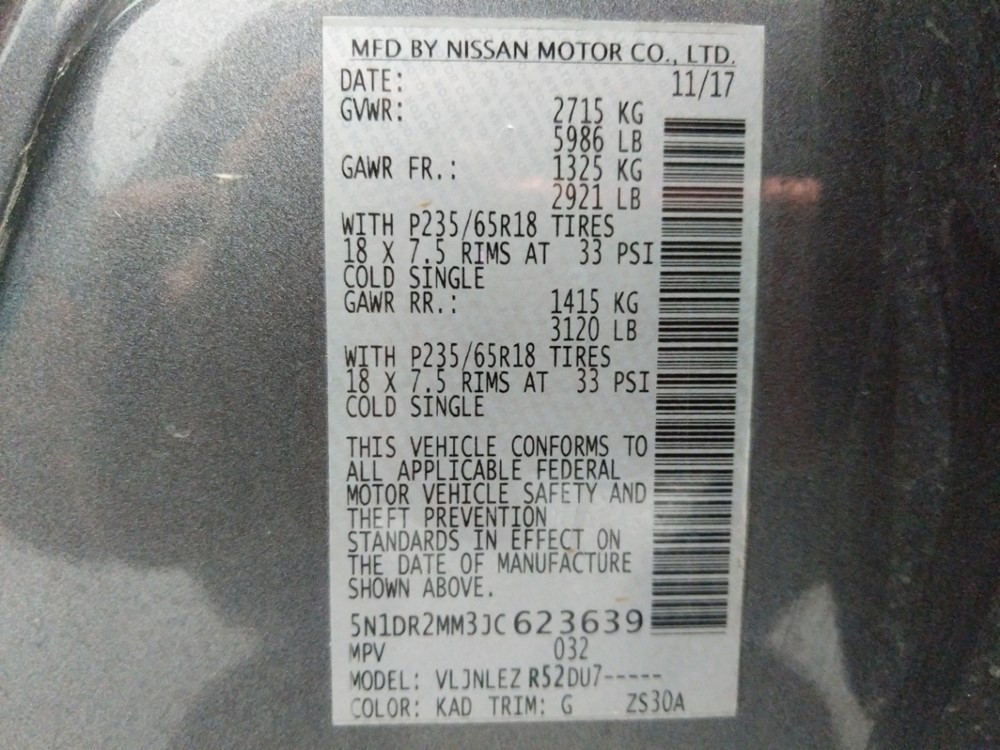 2018 Nissan Pathfinder - VIN Plate