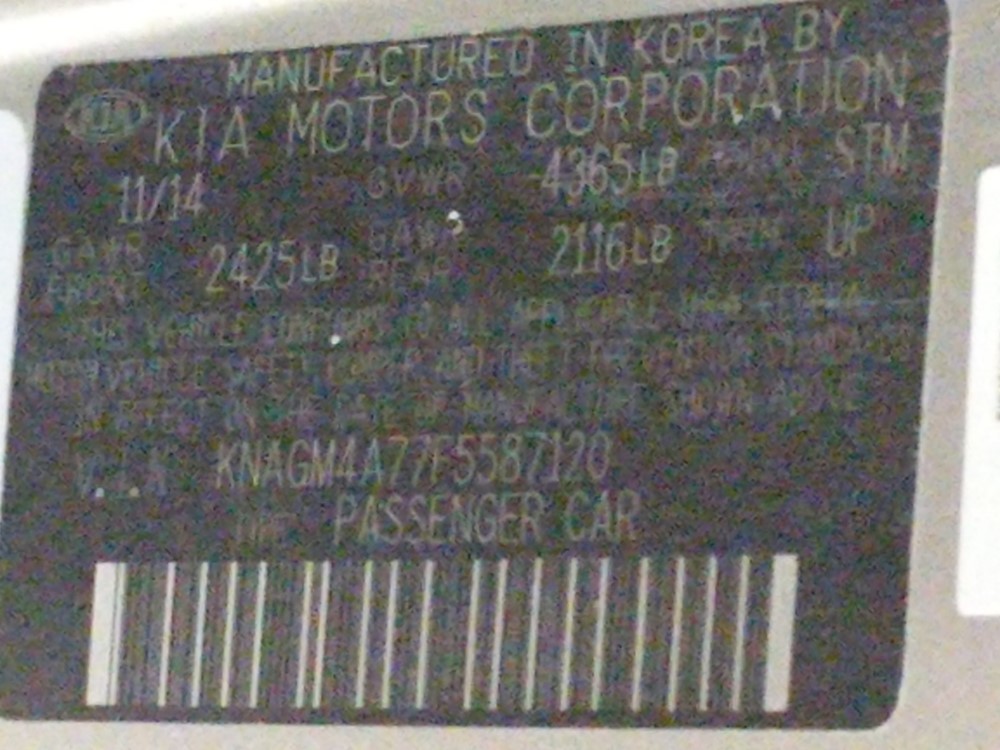 2015 Kia Optima - VIN Plate