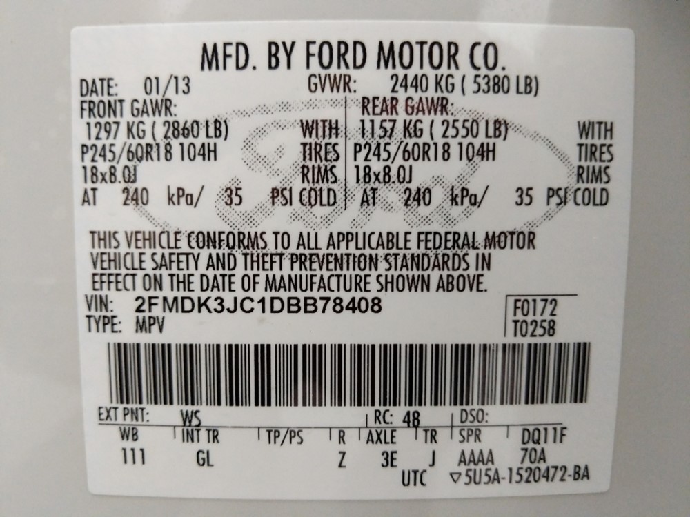 2013 Ford Edge - VIN Plate