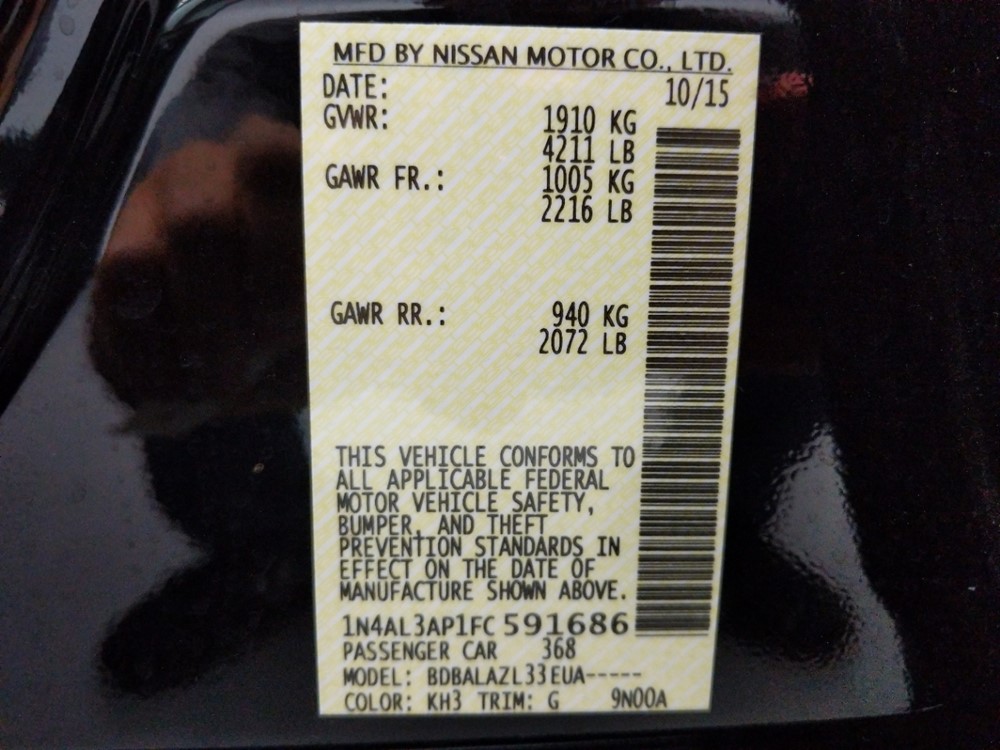 2015 Nissan Altima - VIN Plate