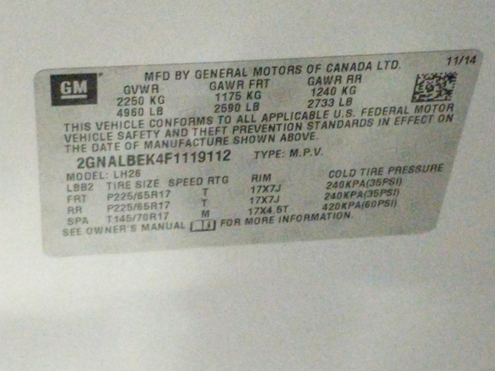 2015 Chevrolet Equinox - VIN Plate