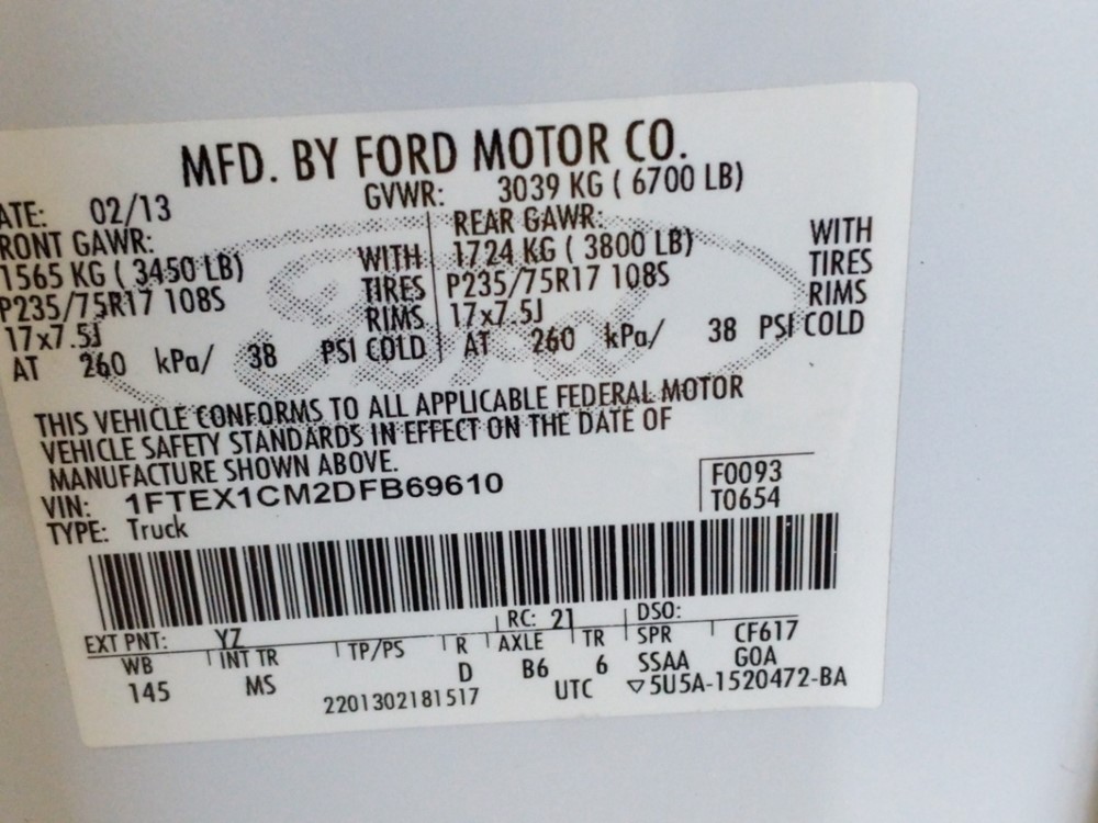 2013 Ford F-150 - VIN Plate
