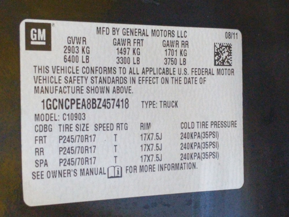 2011 Chevrolet Silverado 1500 - VIN Plate