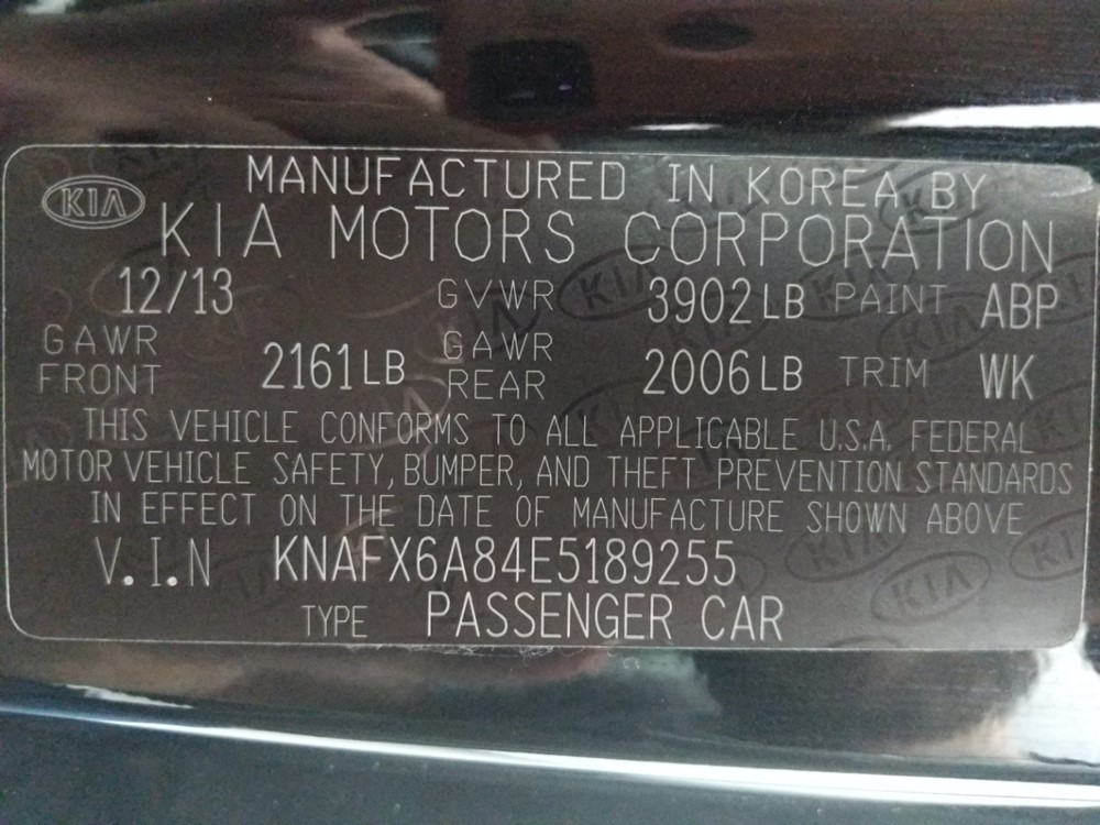 2014 Kia Forte - VIN Plate