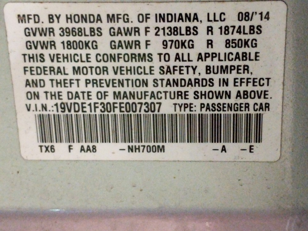 2015 Acura ILX - VIN Plate