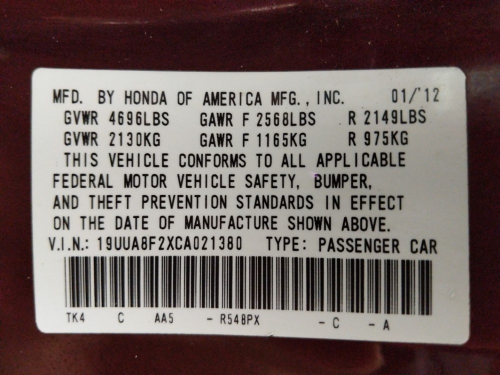 2012 Acura TL - VIN Plate