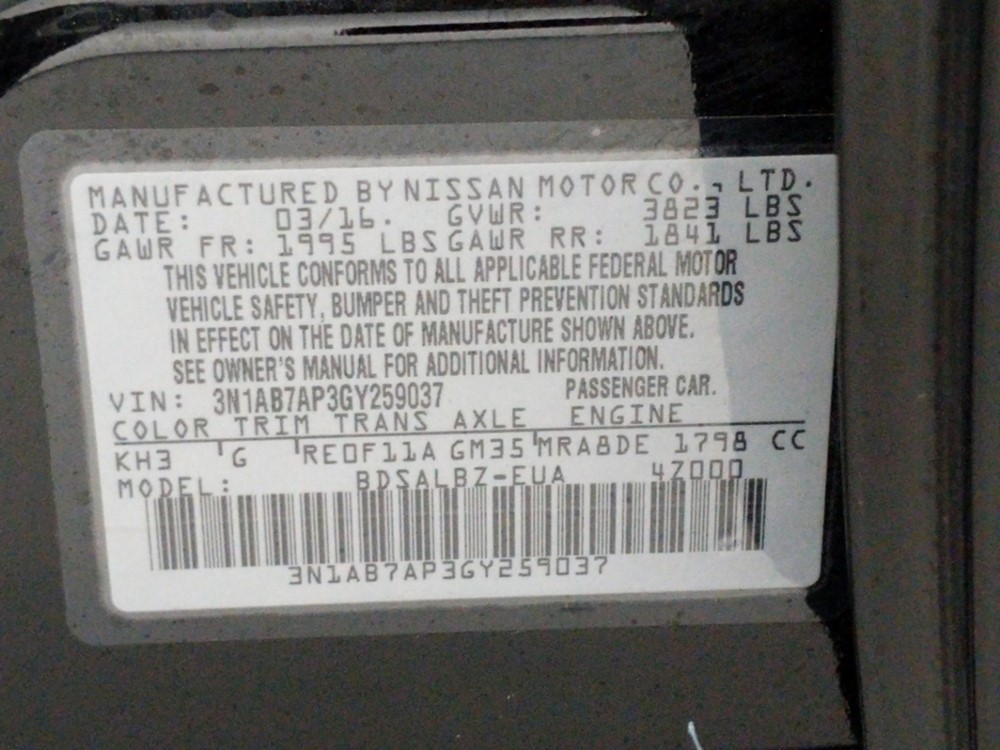 2016 Nissan Sentra - VIN Plate