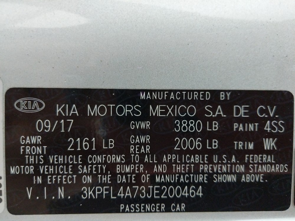 2018 Kia Forte - VIN Plate