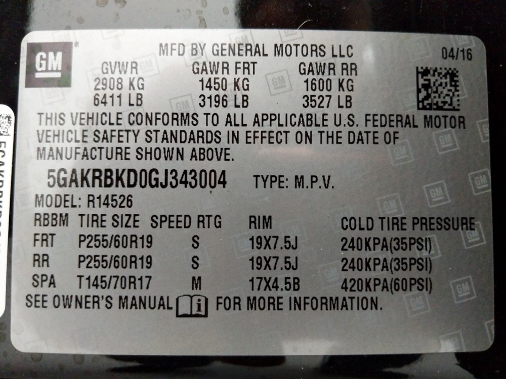 2016 Buick Enclave - VIN Plate