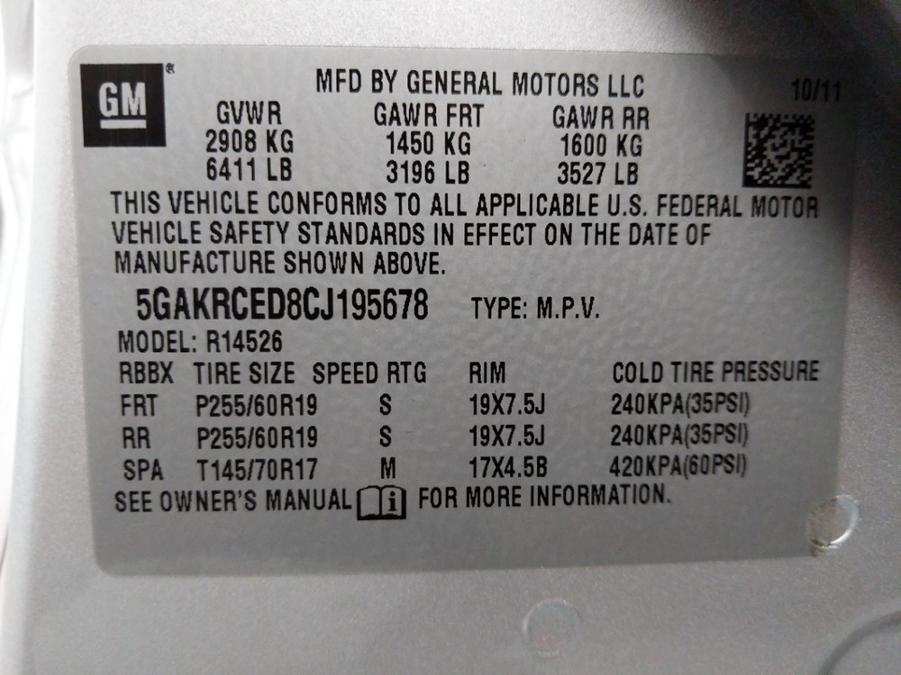 2012 Buick Enclave - VIN Plate