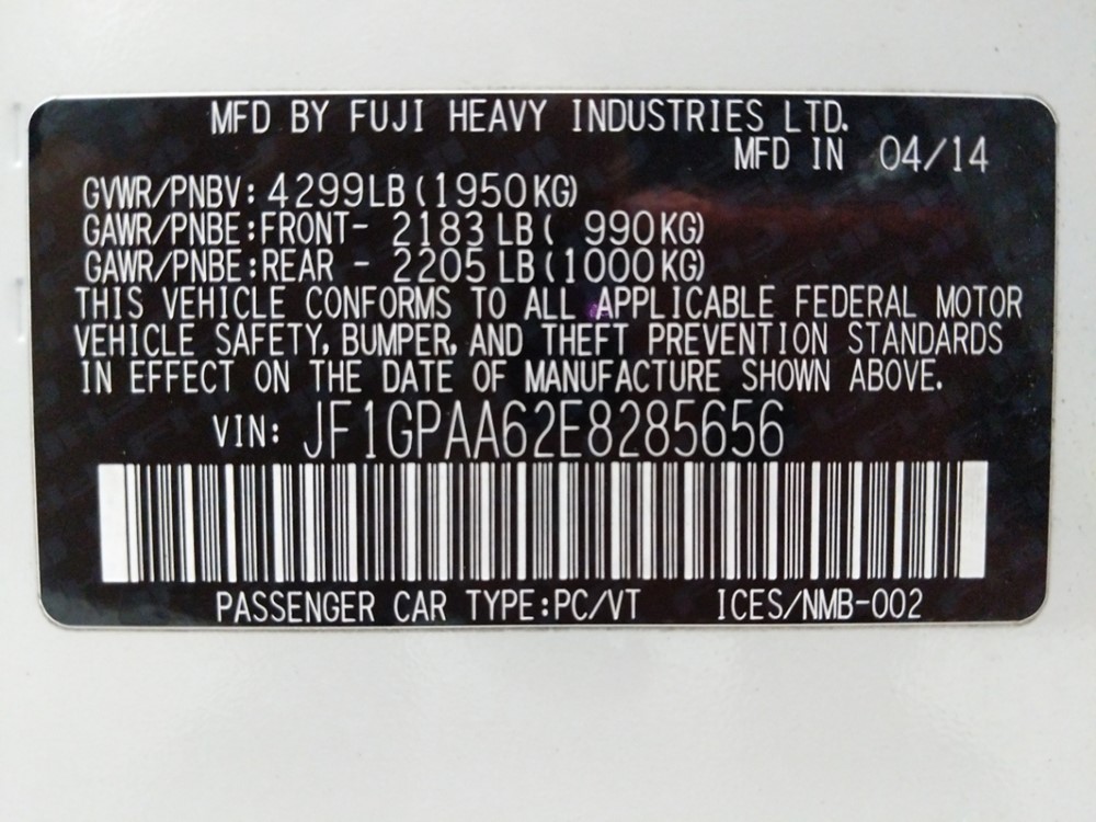 2014 Subaru Impreza - VIN Plate