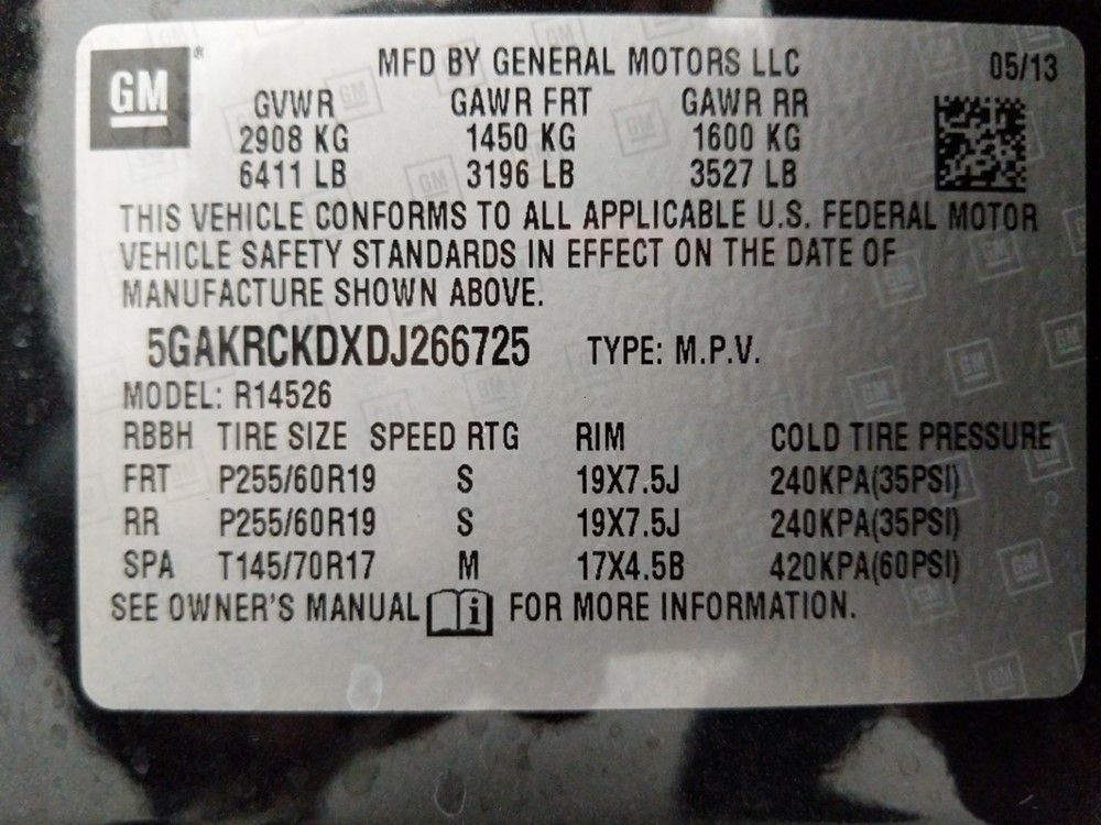 2013 Buick Enclave - VIN Plate