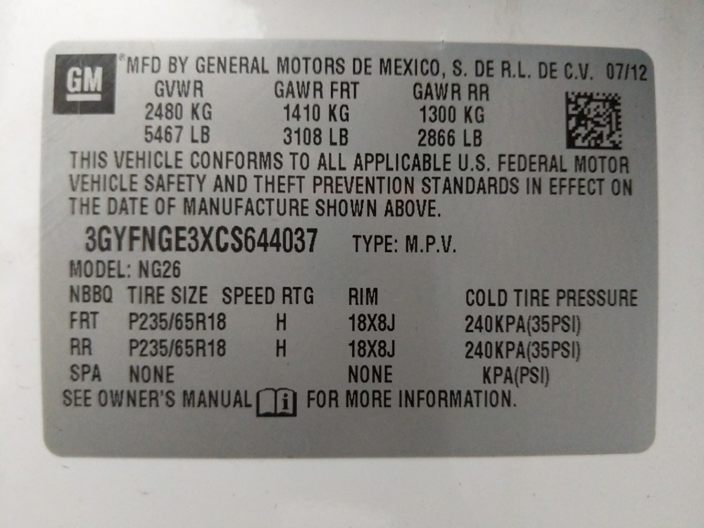 2012 Cadillac SRX - VIN Plate