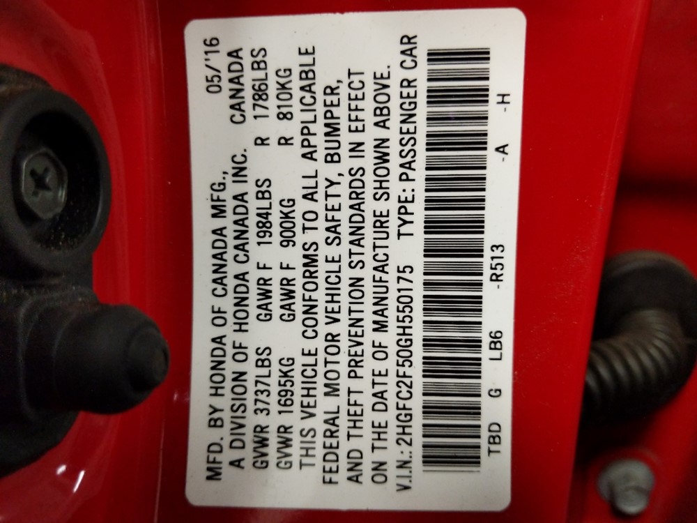 2016 Honda Civic - VIN Plate