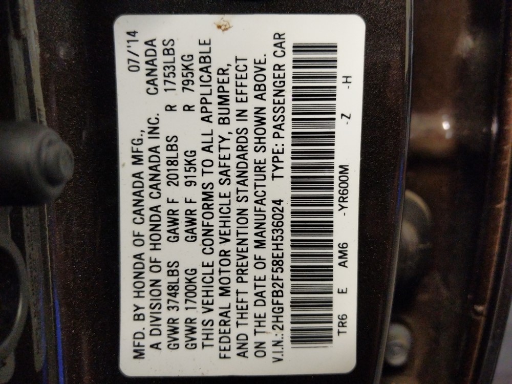 2014 Honda Civic - VIN Plate
