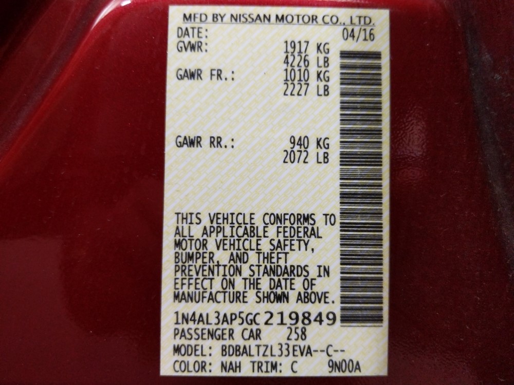 2016 Nissan Altima - VIN Plate