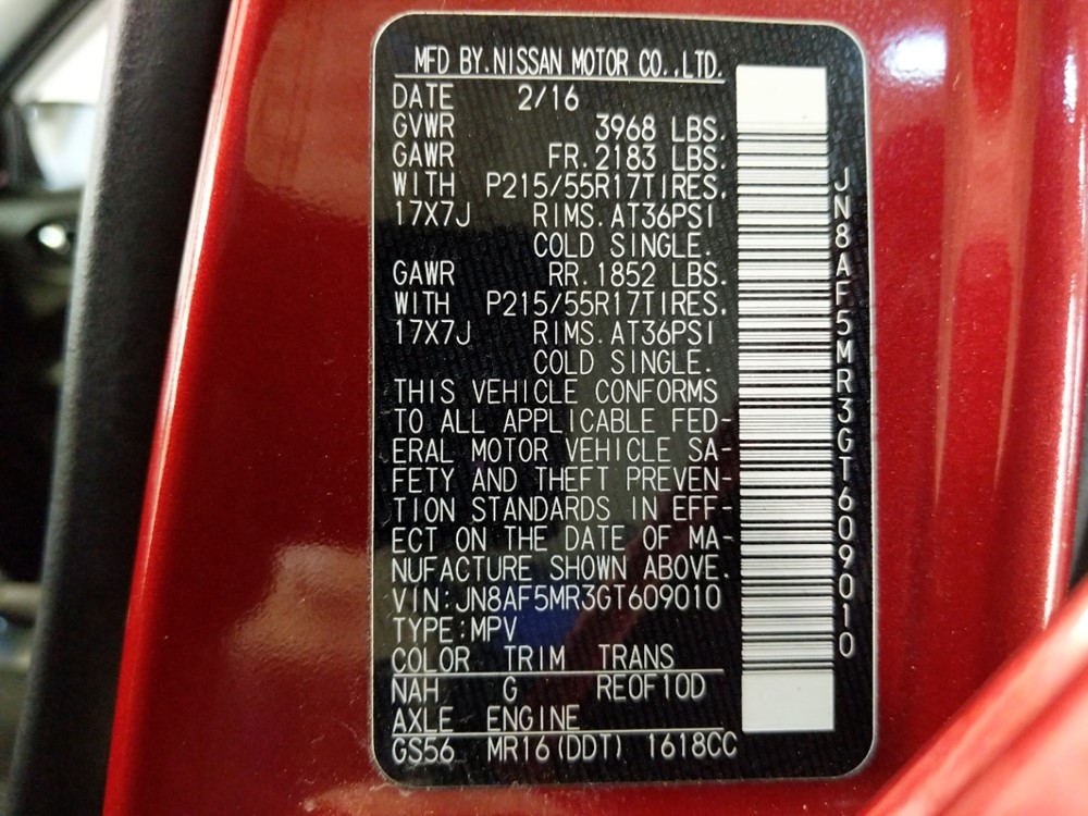 2016 Nissan JUKE - VIN Plate