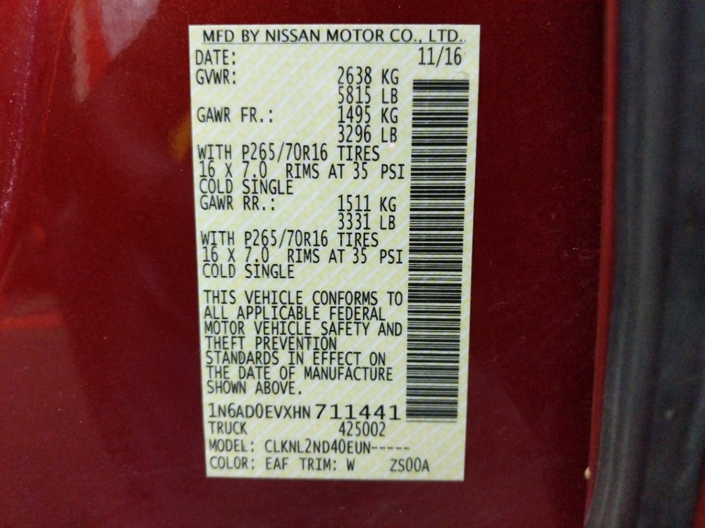 2017 Nissan Frontier - VIN Plate