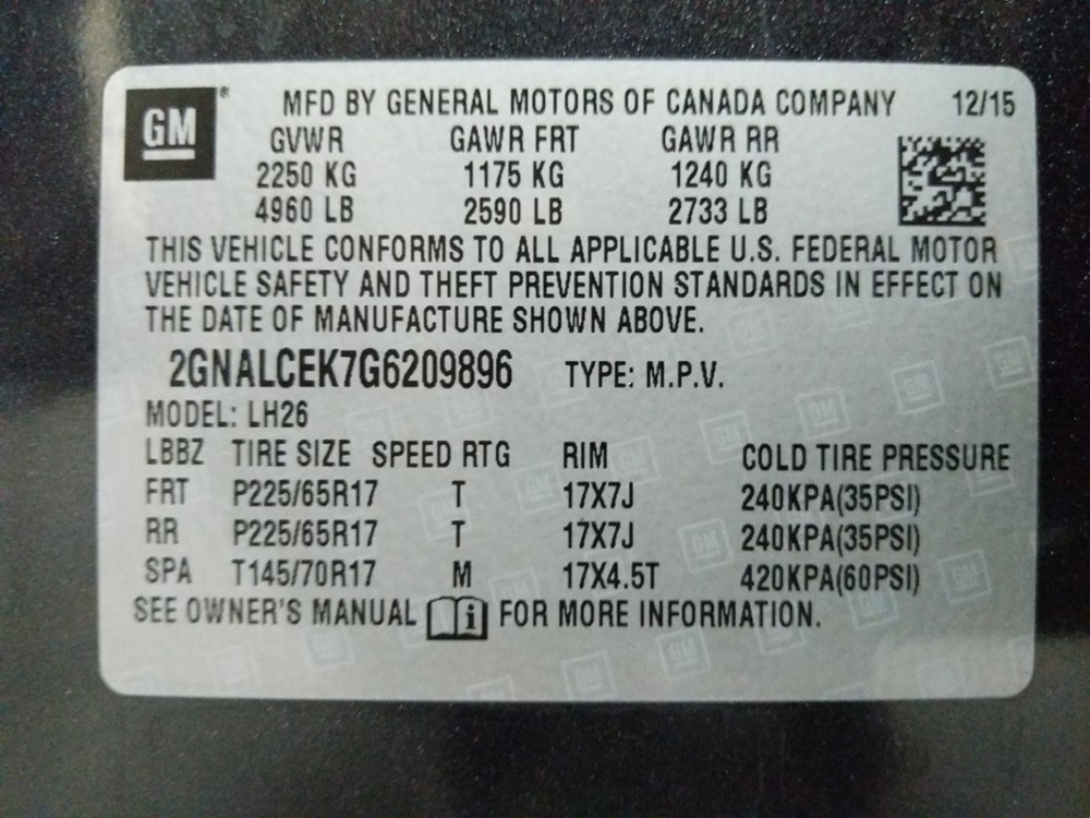 2016 Chevrolet Equinox - VIN Plate