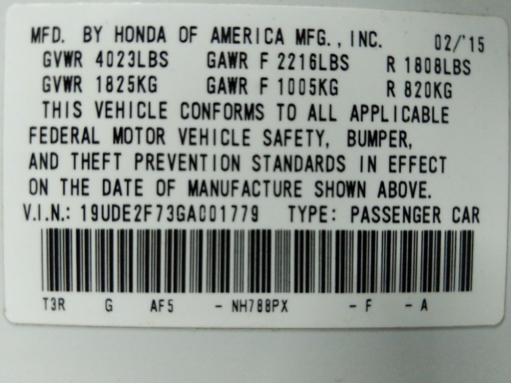 2016 Acura ILX - VIN Plate