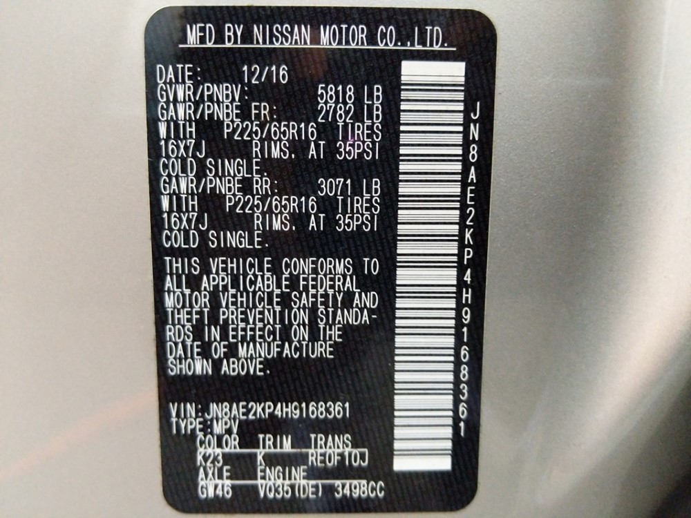 2017 Nissan Quest - VIN Plate